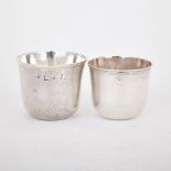 TWO FRENCH SILVER TUMBLER CUPS, 18TH CENTURY plain with slightly everted and moulded rims, one