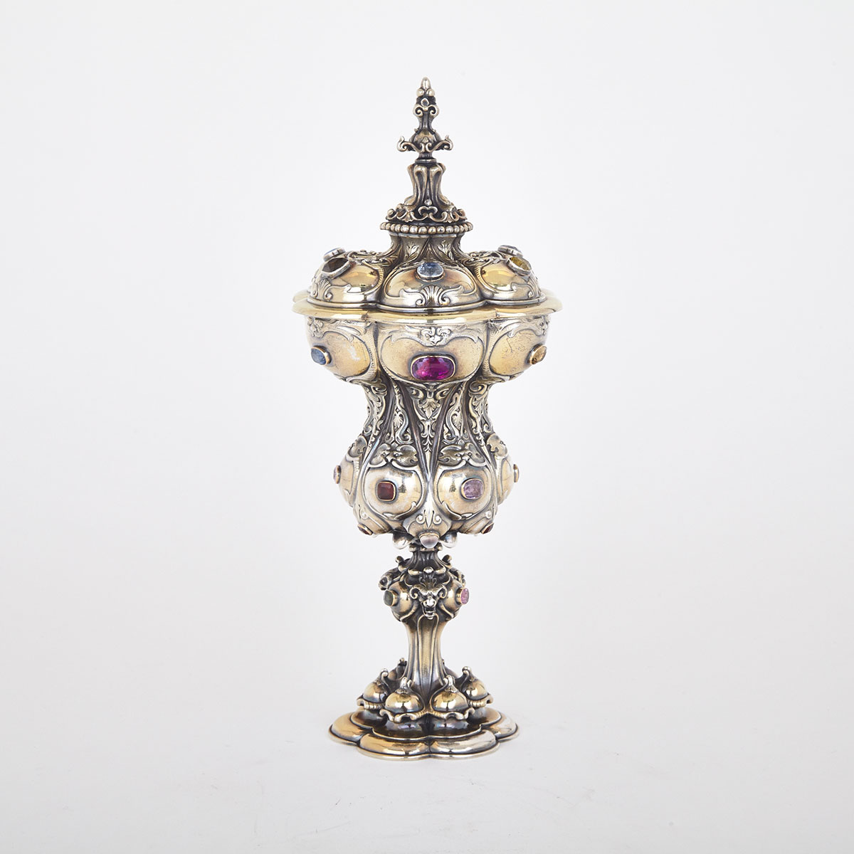 ENGLISH JEWELLED SILVER-GILT COVERED CUP, SEBASTIAN GARRARD, LONDON, 1911 in the 17th century German