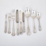 ASSEMBLED GEORGIAN AND VICTORIAN SILVER KINGS PATTERN FLATWARE SERVICE, 19TH CENTURY comprising