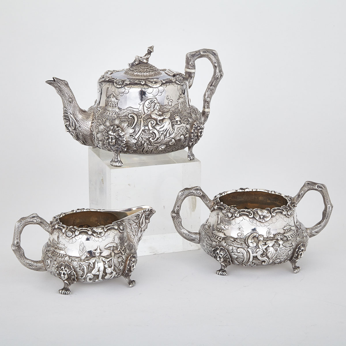 VICTORIAN SILVER CHINOISERIE TEA SERVICE, CHARLES GORDON AND FRANCIS DAVID DEXTER, LONDON, 1840/41