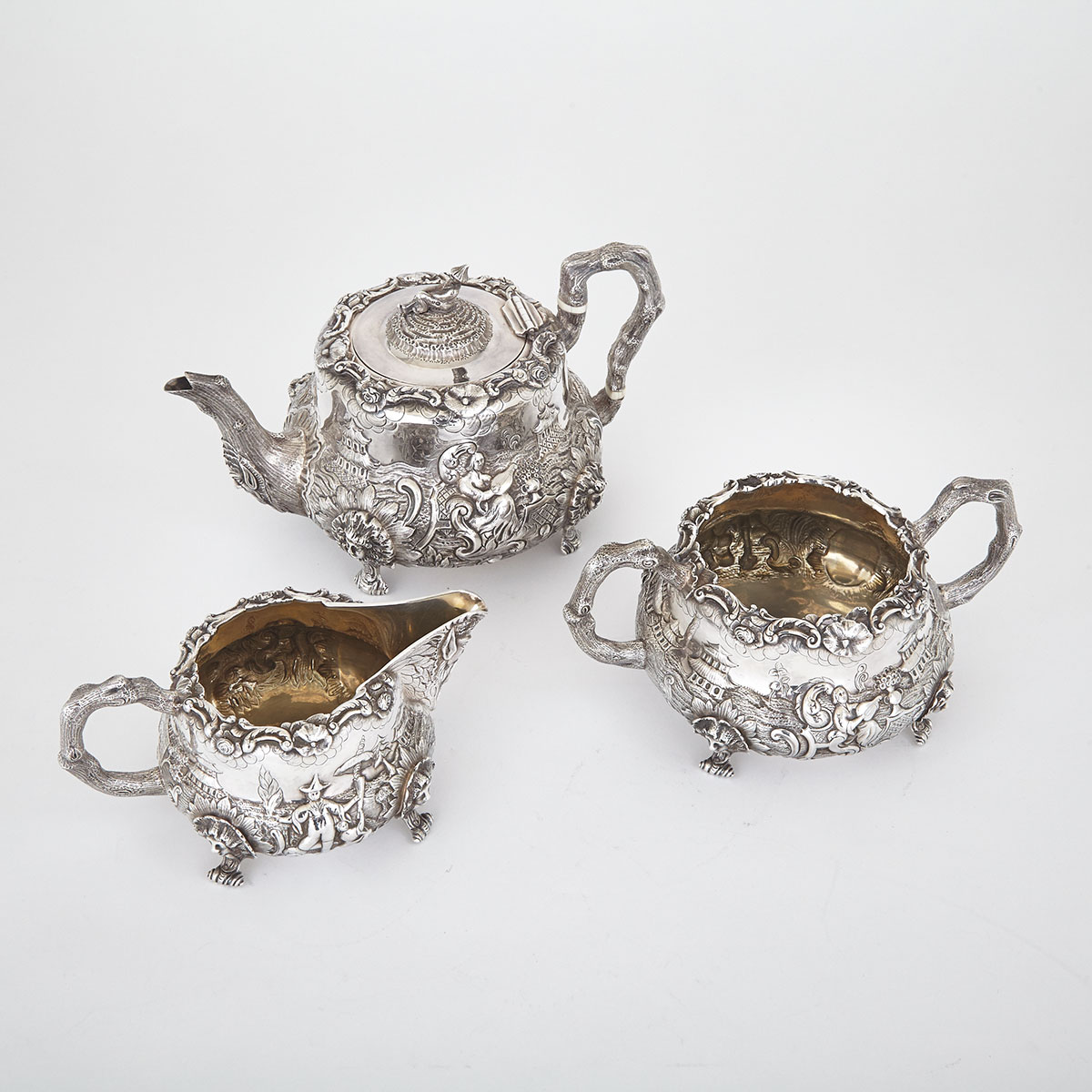 VICTORIAN SILVER CHINOISERIE TEA SERVICE, CHARLES GORDON AND FRANCIS DAVID DEXTER, LONDON, 1840/41 - Image 2 of 2