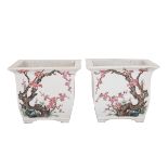 PAIR OF FAMILLE ROSE JARDINIERES 粉彩傲雪寒梅四方花盆一對  Each finely enamelled with plum blossoms and