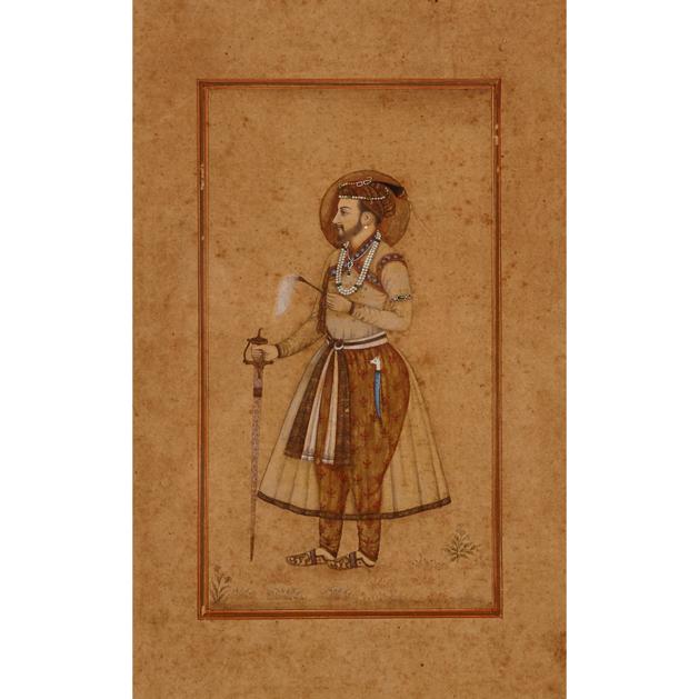 INDIAN MINIATURE SHAH JAHAN  Colour on paper, framed, 6.5" x 3.5" — 16.5 x 9 cm.  Note: Shah