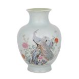 FAMILLE ROSE PEACOCK VASE, REPUBLIC PERIOD (1911-1949) 民國 錦上添花粉彩孔雀牡丹瓶  Of celadon ground with