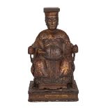 WOODEN GILT AND LACQUER FIGURE, 19TH CENTURY 19世紀 木雕泥金加彩 道教神祇  The deity sitting peacefully upon a