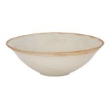 QINGBAI GLAZED BOWL 青白釉盌  With widely flared sides, the cavetto faintly carved with a geometric