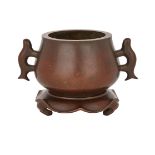 BRONZE CENSER WITH STAND 銅戟耳香爐  Heavily cast with two ‘ji’handles, body with reddish patina, with