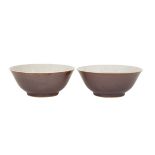 PAIR OF CAFE AU LAIT BOWLS 醬釉大盌一對  Each with gently sloped sides, raised on a short tapering foot