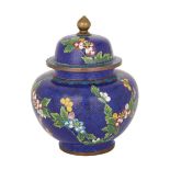 CLOISONNE TEMPLE JAR 藍地掐絲琺瑯罐  On cobalt blue ground, with colourful blooming peonies throughout, and