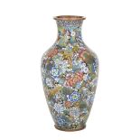 CLOISONNE MILLE FLEUR VASE 掐絲琺瑯百花瓶  Of baluster form with a ruyi-head band atop a dense