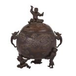 BRONZE JAPANESE KORO, INCENSE BURNER 銅製童子香燻  Finely cast with two dragon handles, the body moulded