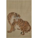 MORI TETSUZAN (1775-1841) ROARING TIGER 森徹山 虎  Ink and colour on paper, 51.4" x 33.7" — 130.5 x 85.5