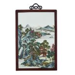 FAMILLE ROSE PORCELAIN PANEL 粉彩山水瓷版  Of scholars and retreats within a landscape of blossoms, 7.2" x