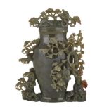 A SPINACH JADE ‘BIRDS AND BLOSSOM’ VASE GROUP, REPUBLIC PERIOD (1911-1949) 民國 碧玉花鳥瓶  The semi-