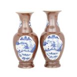 PAIR OF CAFE AU LAIT LANDSCAPE BALUSTER VASES, EARLY 20TH CENTURY 20世紀早期 醬釉青花瓶一對  Of baluster form