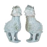 LARGE PAIR OF JADEITE ARCHAISTIC COVERED PHOENIXES 玉雕祥鳳一對  Each of perching position, the jadeite