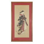 KATSUKAWA SHUNSHO (1726-1792) PRINT, GEISHA 勝川春章 藝妓 織品印刷   Ink and colour on textile, 24" x 10.