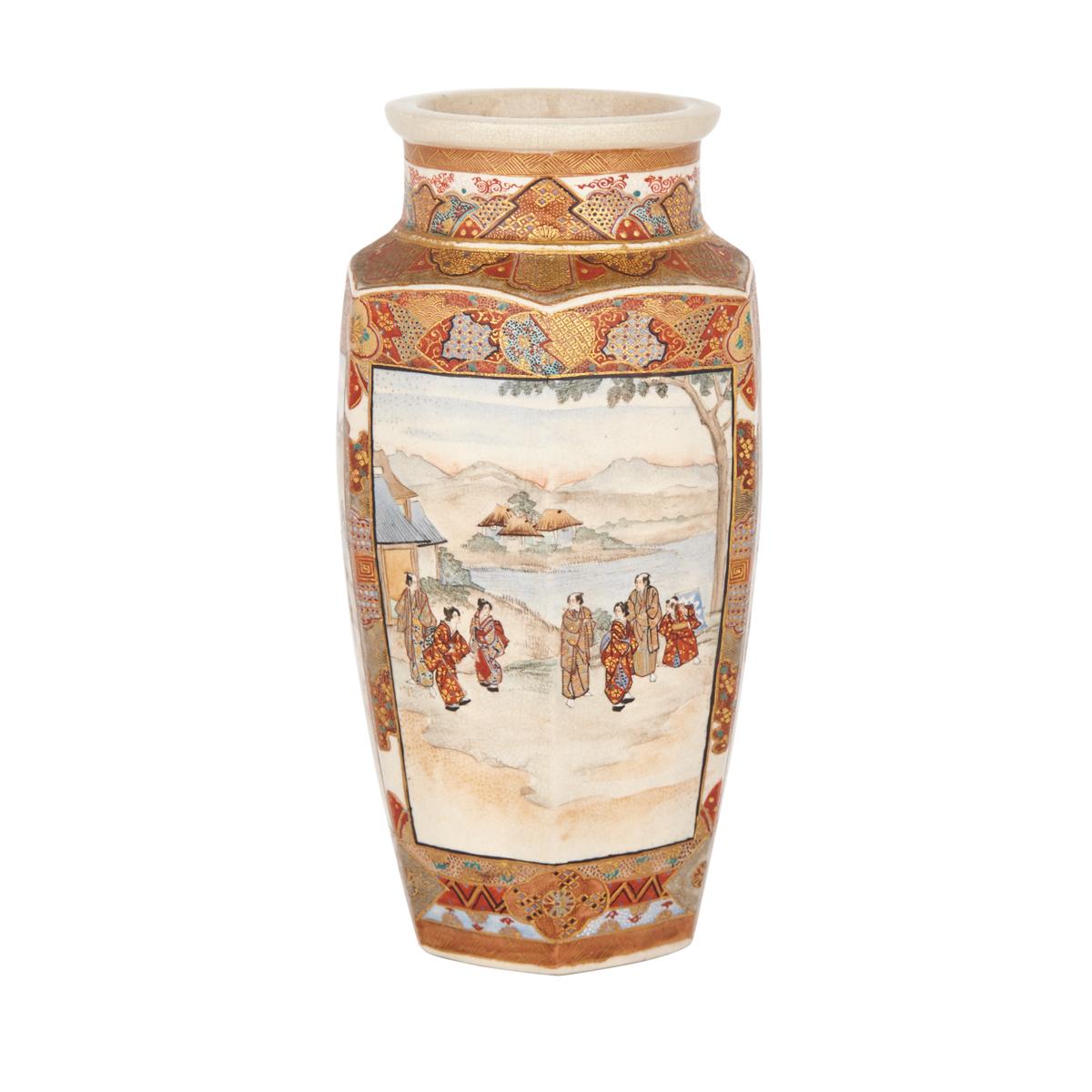 SATSUMA HEXAGONAL VASE, LATE 19TH CENTURY 19世紀晚期 薩摩燒六方瓶  With three reserves depicting figures in