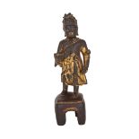 BRONZE DAOIST GUARDIAN 銅鎏金道教神祇  Of standing position, upon a square plinth, with parcel gilt and red