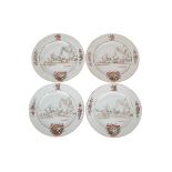 SET OF FOUR EXPORT ARMORIAL PLATES, 18TH CENTURY 18世紀 外銷紋章瓷盤一組四只  Each with a landscape scene