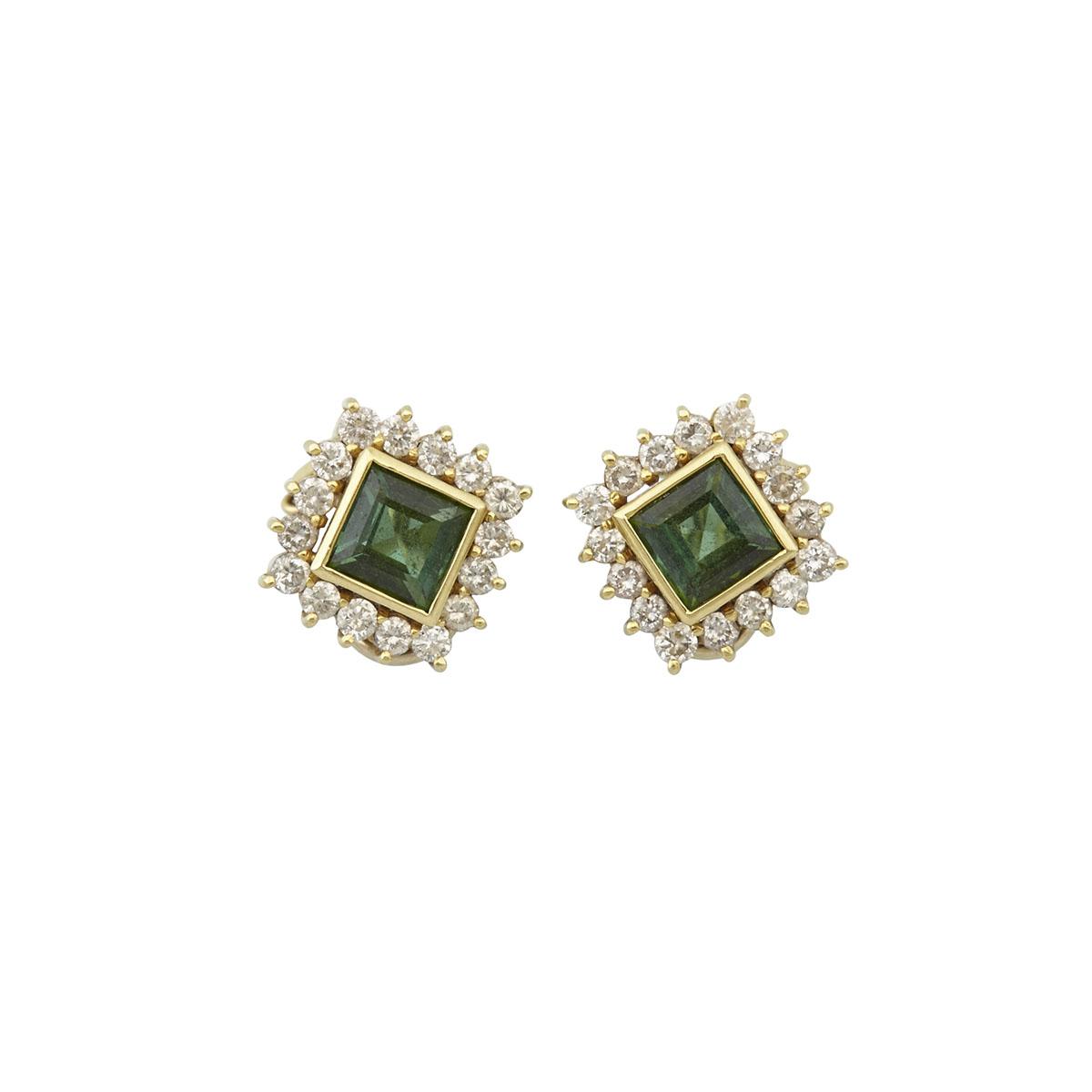 PAIR OF 18K YELLOW GOLD EARRINGSeach bezel set with a square cut green tourmaline (approx. 1.10ct.