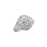 PLATINUM FILIGREE RINGset with 59 various old cut diamonds (approx. 1.80ct.t.w.), size 5 1/2, 4.0