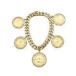 18K YELLOW GOLD CURB LINK BRACELETsuspending five 18k yellow gold pendant mounts each set with a