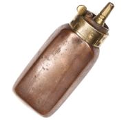 A pistol size copper powder flask, of tapered hexagonal form, brass top with spring charger and