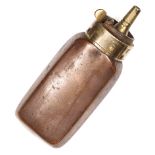 A pistol size copper powder flask, of tapered hexagonal form, brass top with spring charger and