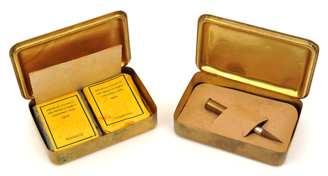 A Princess Mary’s 1914 gift tin, containing original packets of cigarettes (opened) and tobacco ( - Image 2 of 2