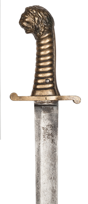 A brass hilted sidearm, c 1820, SE, shallow fullered blade 21”, marked (faint) “Osborn & Gunby