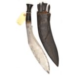 A kukri, blade 12”, etched floral spray along the back edge, in sheath with 5 companion knives,