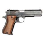 A .45” Spanish Llama semi automatic pistol, number A54337, with mirror blued finish and plain walnut