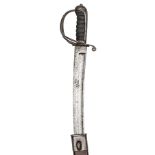 A 19th Century Indian artillery sword, curved shallow fullered blade 30½”, marked Mole Birm. at