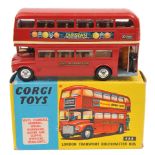 Corgi Toys London Transport Routemaster Bus (468). In red L.T. livery, “Outspan” decals to sides.