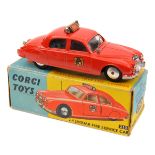 Corgi Toys 2.4 Jaguar Fire Service Car (213). An example without suspension, in bright red with Fire