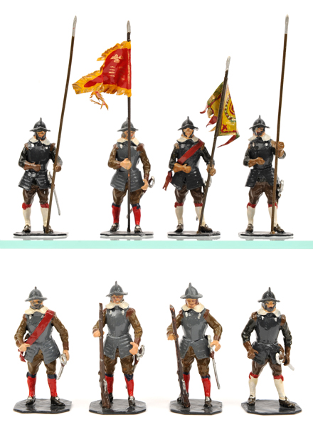 30 white metal soldiers. English Civil War infantry. Including 3 standard bearers, 3 Officers, 2