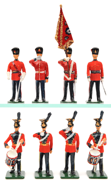 34 white metal soldiers. 12 16th Lancers dismounted band. 18 Fusilier bandsmen, 3 Fusilier