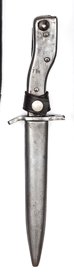 A German cranked grip trench knife/bayonet, by Demag, Duisberg, in steel scabbard with integral belt