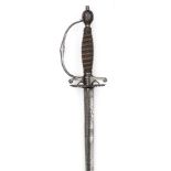 A steel hilted smallsword c 1780, blade 31¼” of hollow triangular section with panels of engraved