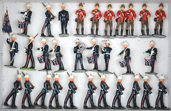 30 white metal soldiers. 23 Royal Marines with white helmets, comprising standard bearer, Officer, 8