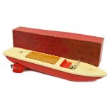 A 1950’s Swift tinplate battery operated boat. 43cm overall length, finished in cream with red hull,