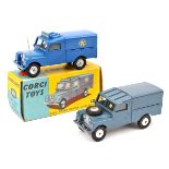 2x Corgi Toys series 1 LWB Land Rovers. R.A.C. Rescue (416) in blue livery, with sign to roof and
