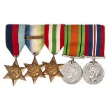 Five:  1939-45 star, Atlantic star with France and Germany clasp; Italy star, Defence and War (un-