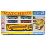 Matchbox Gift Set G-2 Car Transporter Set. Comprising a Guy transporter in yellow ‘Farnborough