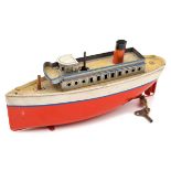 A Small Bing tinplate clockwork ocean liner. 22cm long with red hull/white upper with blue