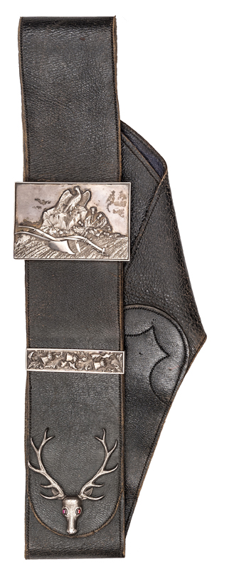 A silver mounted Highland black leather shoulder sword belt, heavy silver rectangular plate