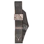 A silver mounted Highland black leather shoulder sword belt, heavy silver rectangular plate