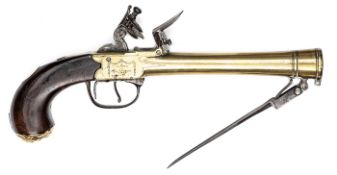 A brass barrelled and brass framed flintlock boxlock blunderbuss pistol with spring bayonet by Gill,