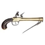 A brass barrelled and brass framed flintlock boxlock blunderbuss pistol with spring bayonet by Gill,